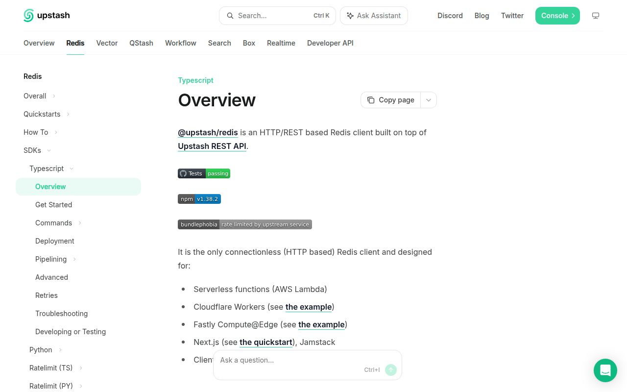 Screenshot of @upstash/redis documentation