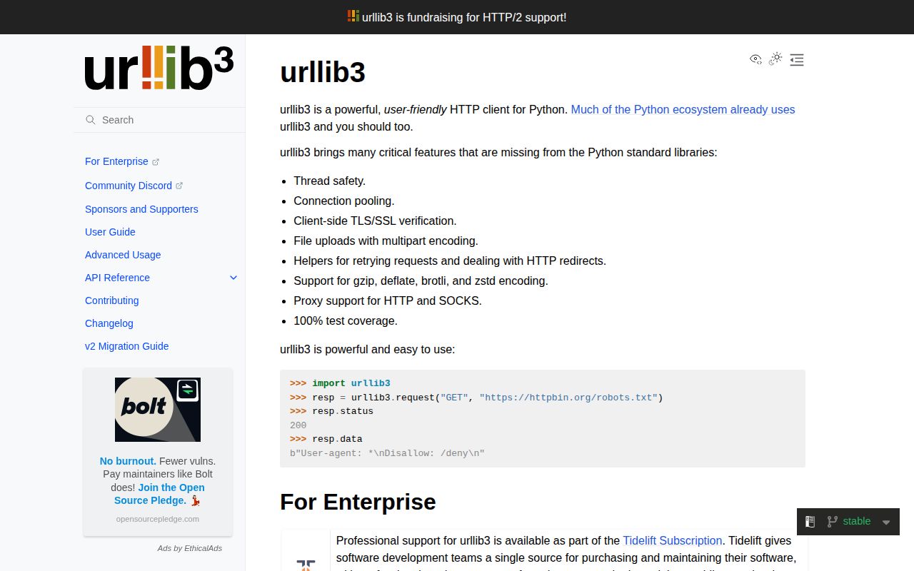 Screenshot of urllib3 documentation