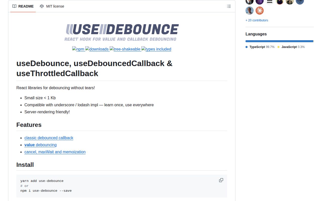 Screenshot of use-debounce documentation