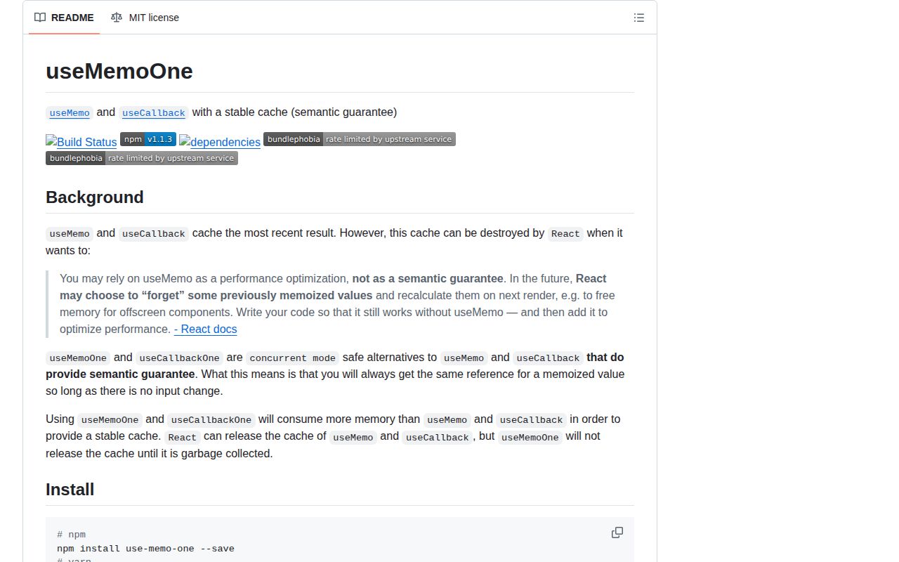 Screenshot of use-memo-one documentation