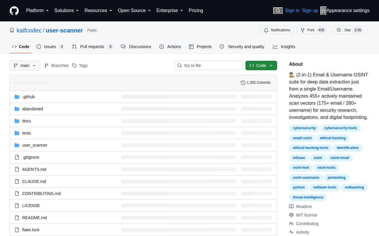Screenshot of user-scanner (github.com/kaifcodec/user-scanner)