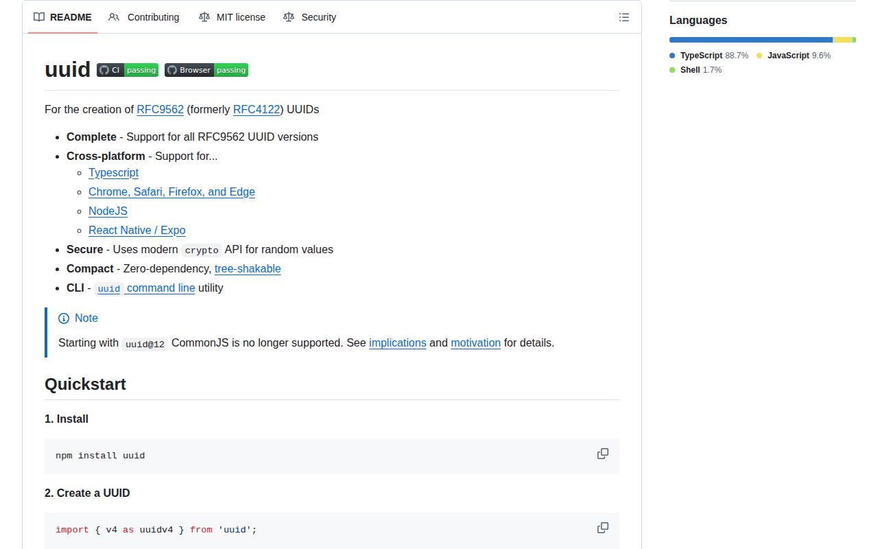 Screenshot of uuid documentation