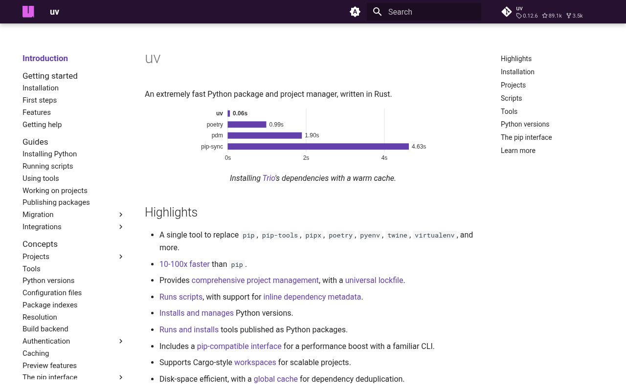 Screenshot of uv documentation