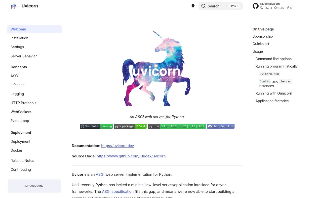 Screenshot of uvicorn documentation