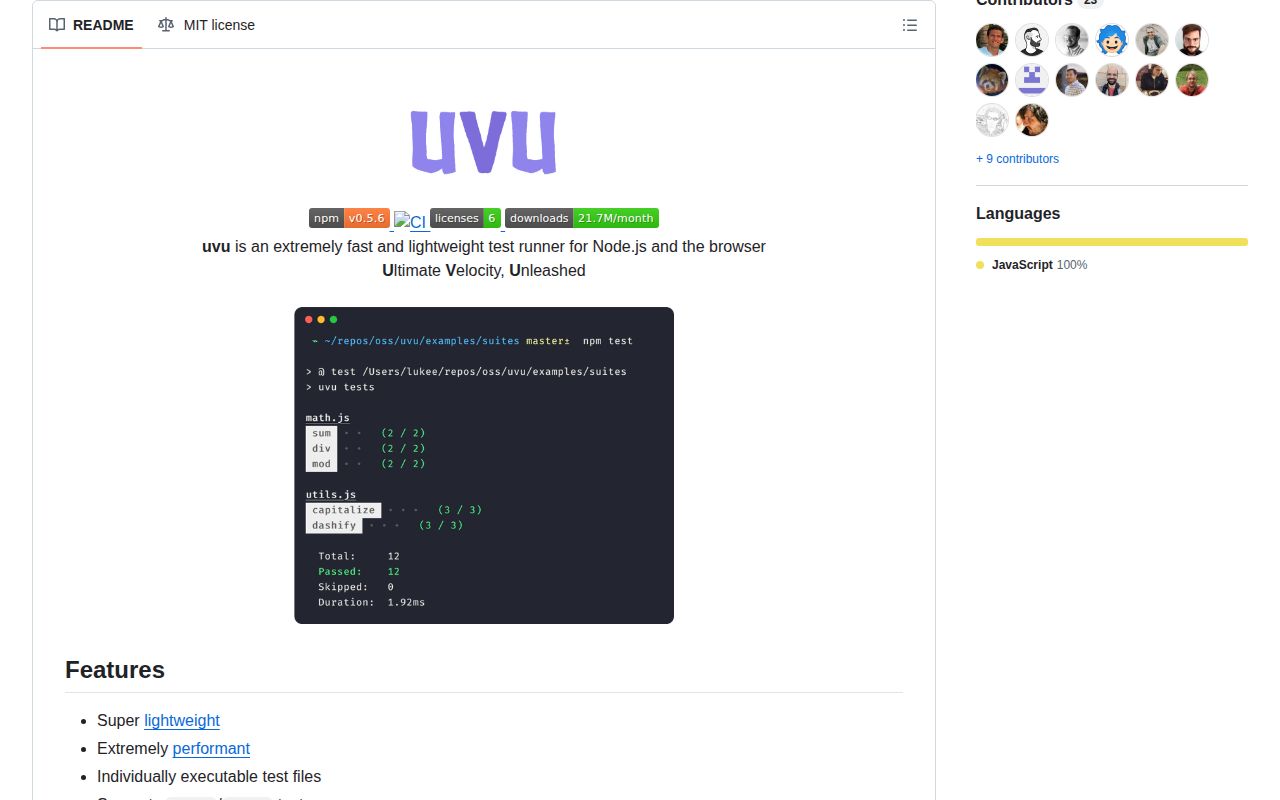 Screenshot of uvu documentation