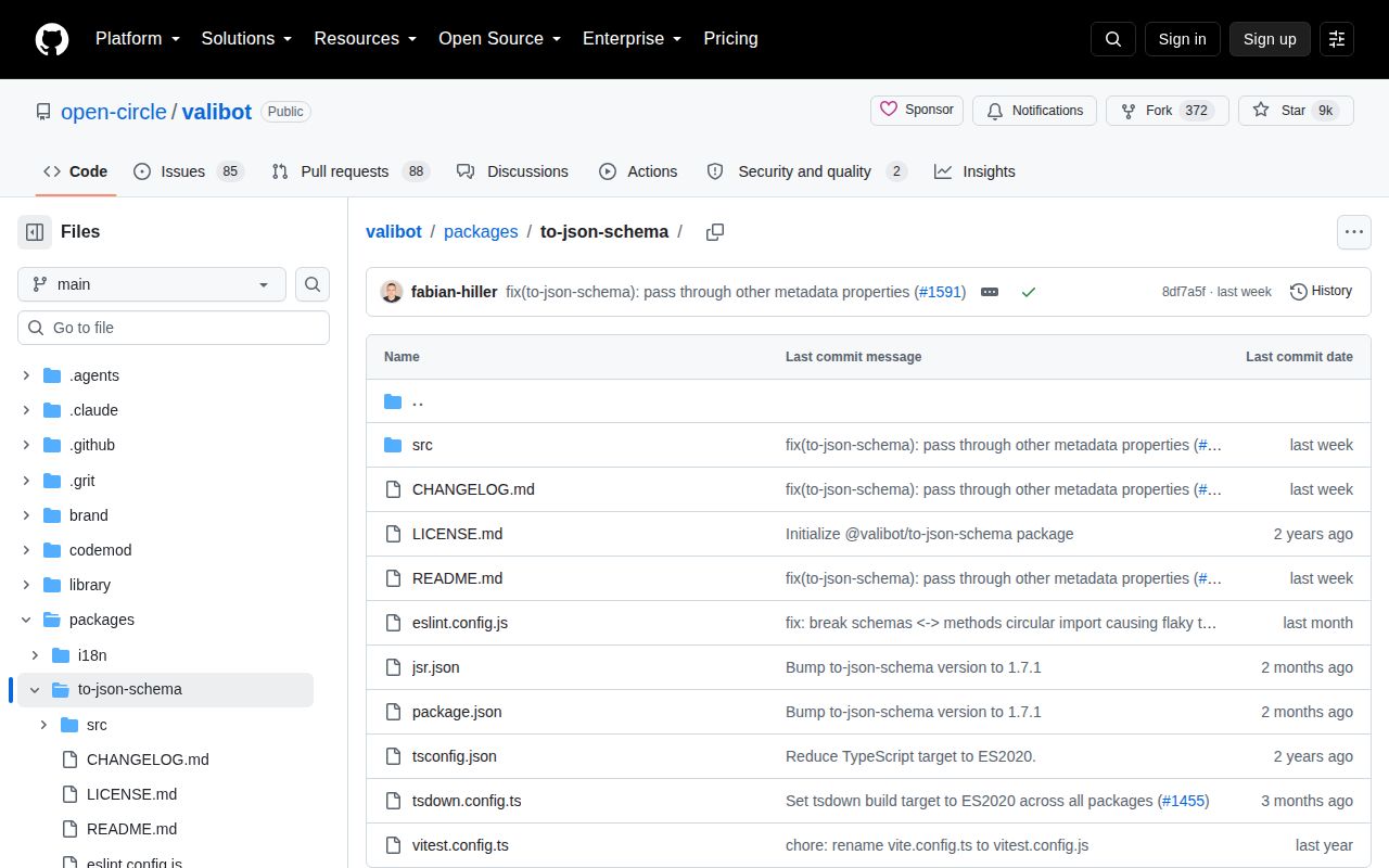 Screenshot of @valibot/to-json-schema documentation