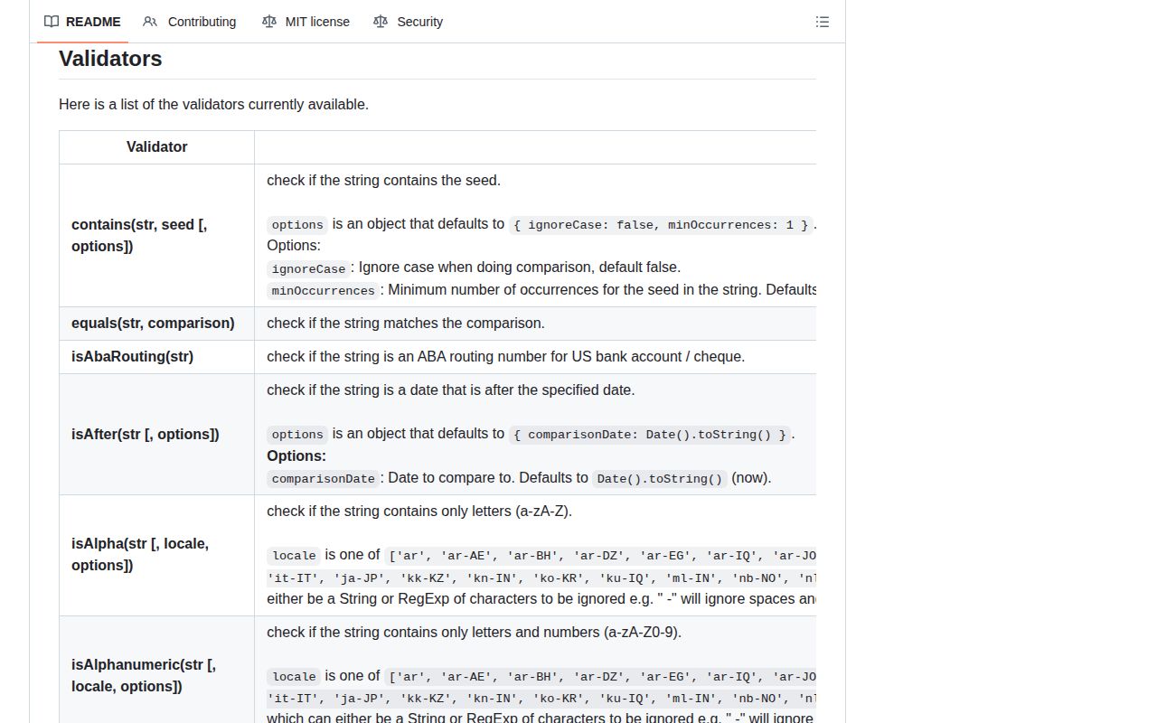 Screenshot of validator documentation