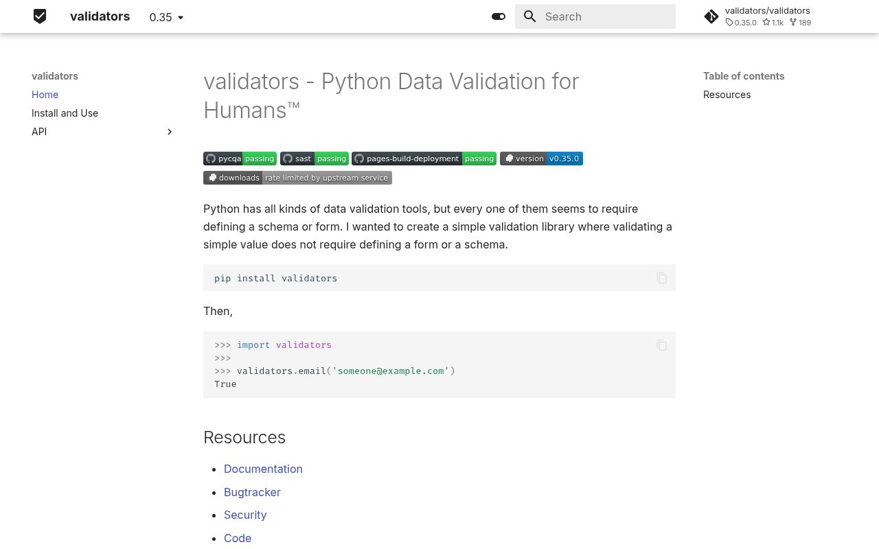 Screenshot of validators documentation