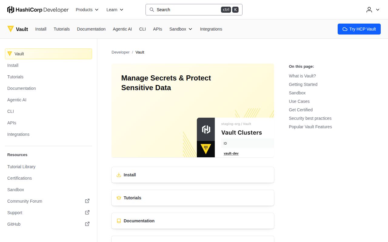 Screenshot of vault (developer.hashicorp.com/vault)