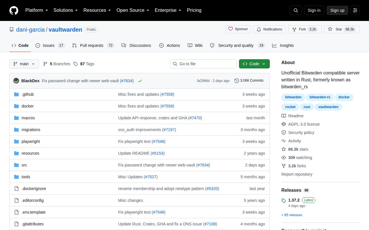 Screenshot of vaultwarden (github.com/dani-garcia/vaultwarden)