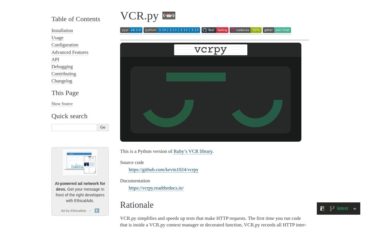 Screenshot of vcrpy documentation