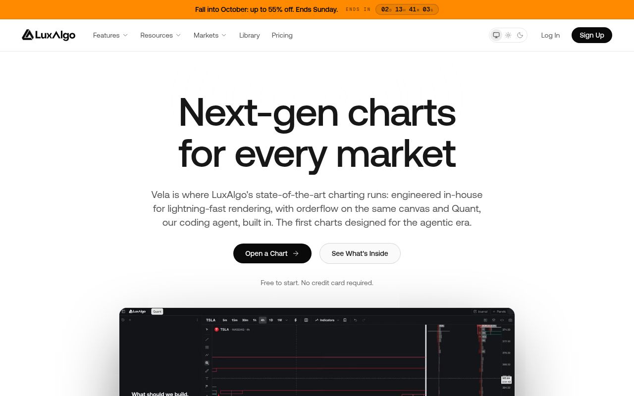 Screenshot of Vela (www.luxalgo.com/vela)