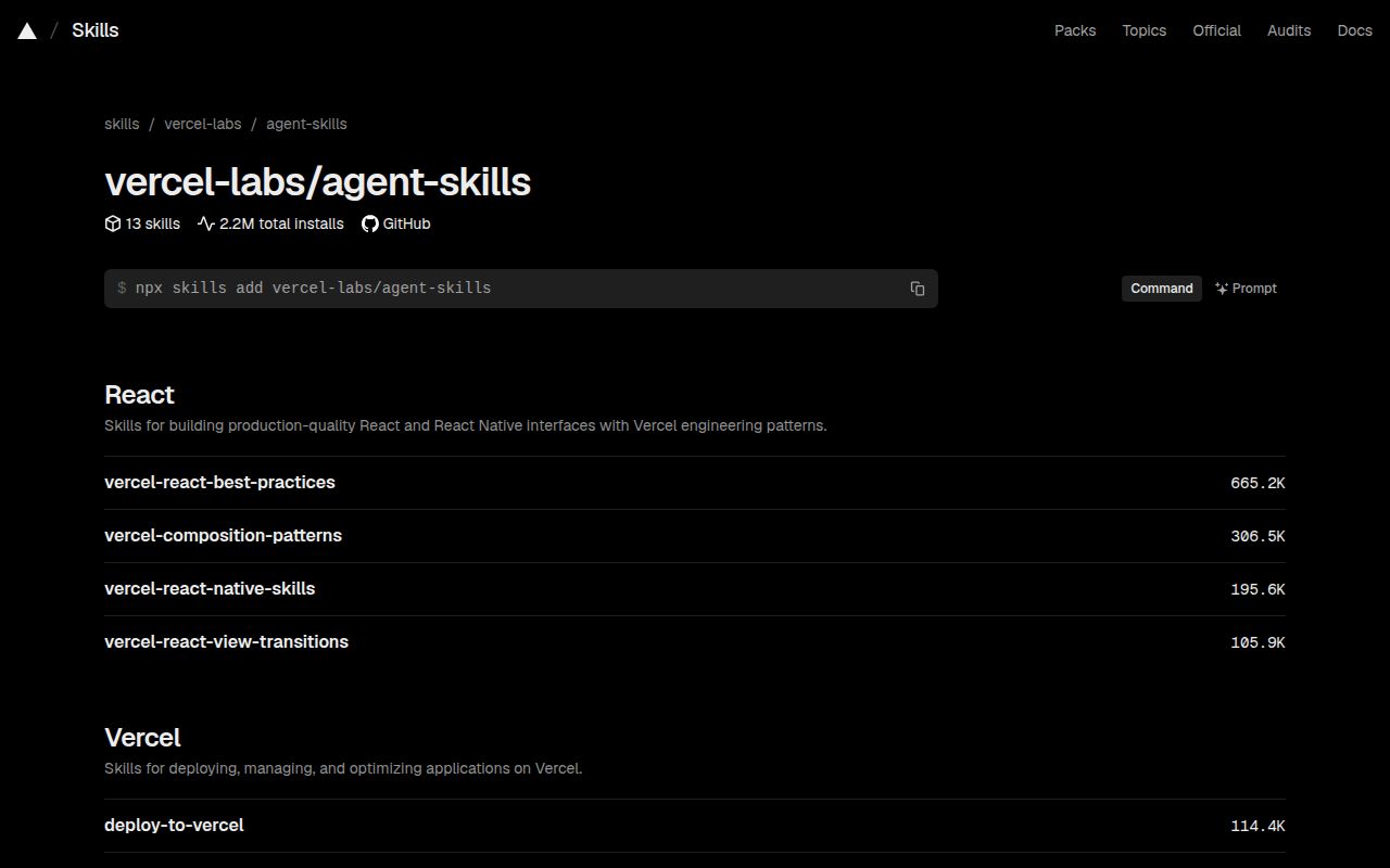 Screenshot of agent-skills (skills.sh/vercel-labs/agent-skills)