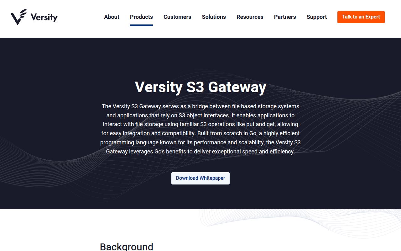 Screenshot of versitygw (www.versity.com/products/versitygw)