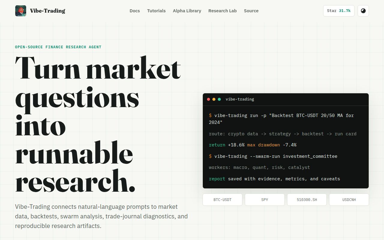 Screenshot of Vibe-Trading (vibetrading.wiki)