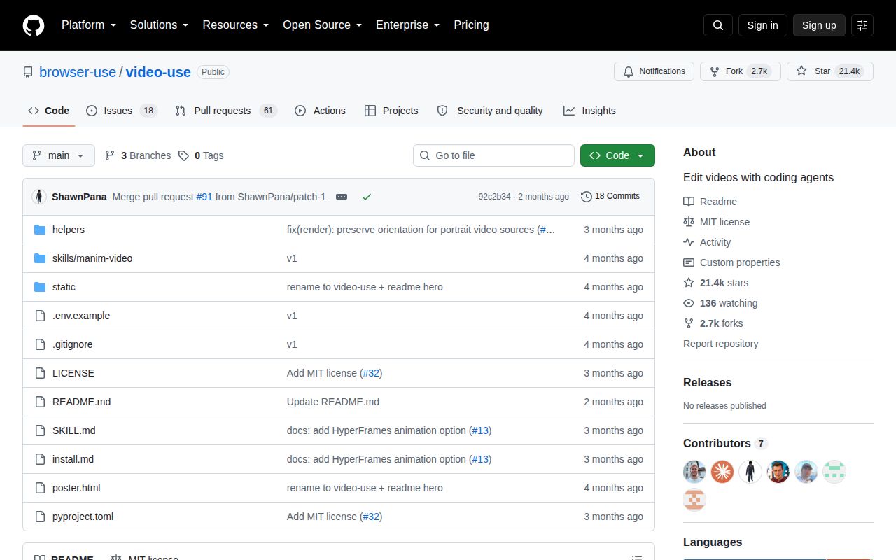 Screenshot of video-use (github.com/browser-use/video-use)