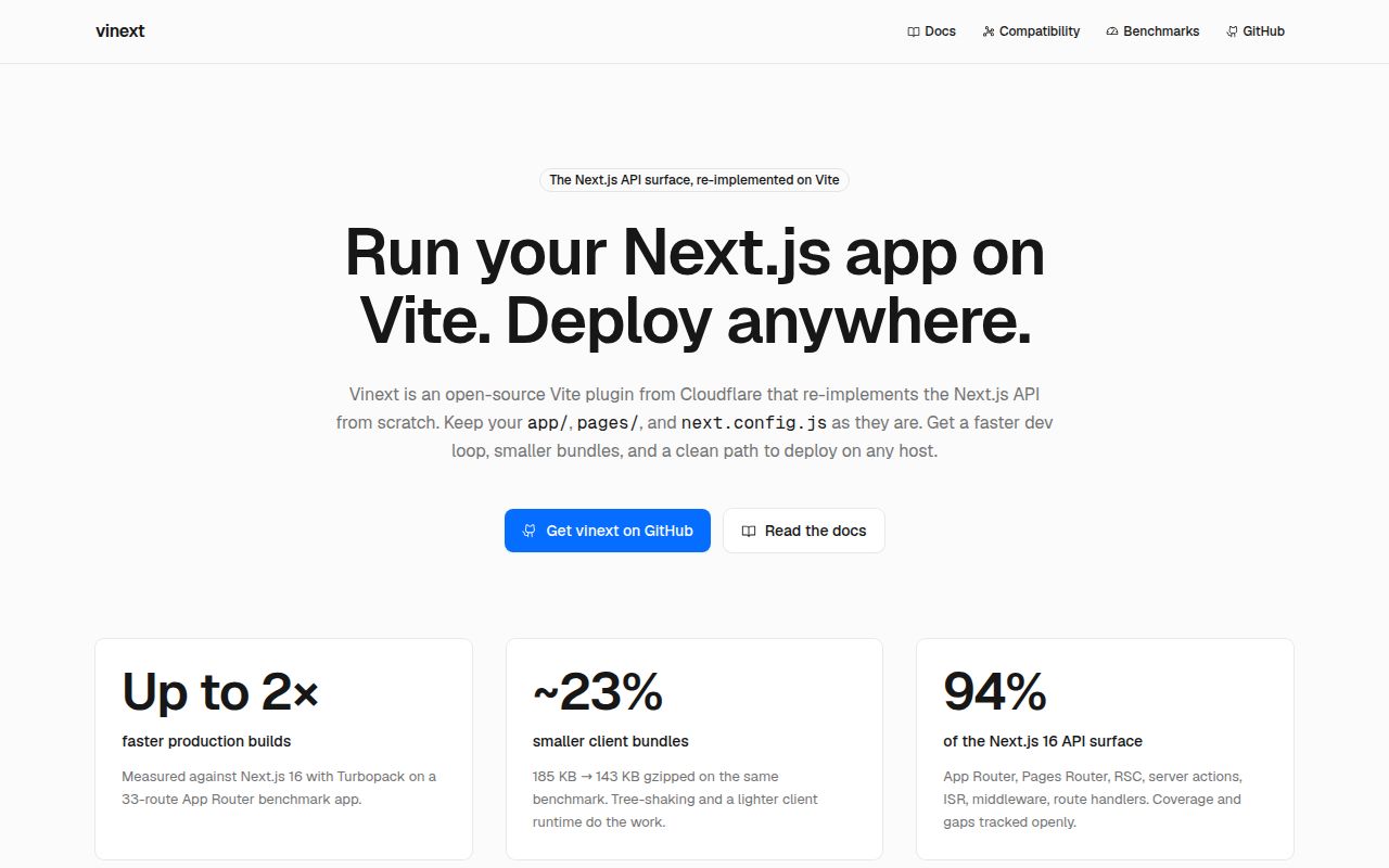 Screenshot of vinext (vinext.dev)