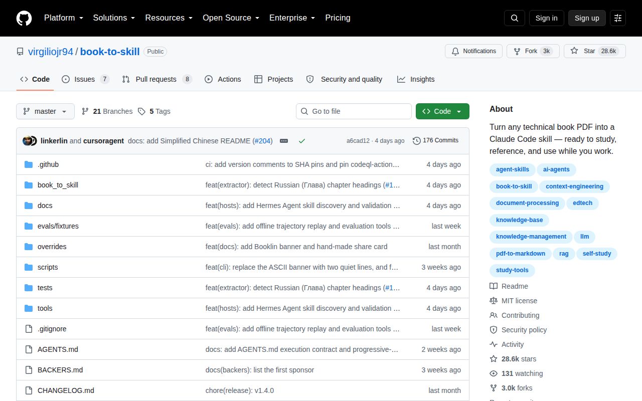 Screenshot of book-to-skill (github.com/virgiliojr94/book-to-skill)