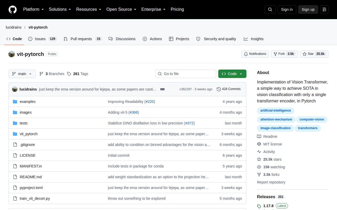 Screenshot of vit-pytorch (github.com/lucidrains/vit-pytorch)