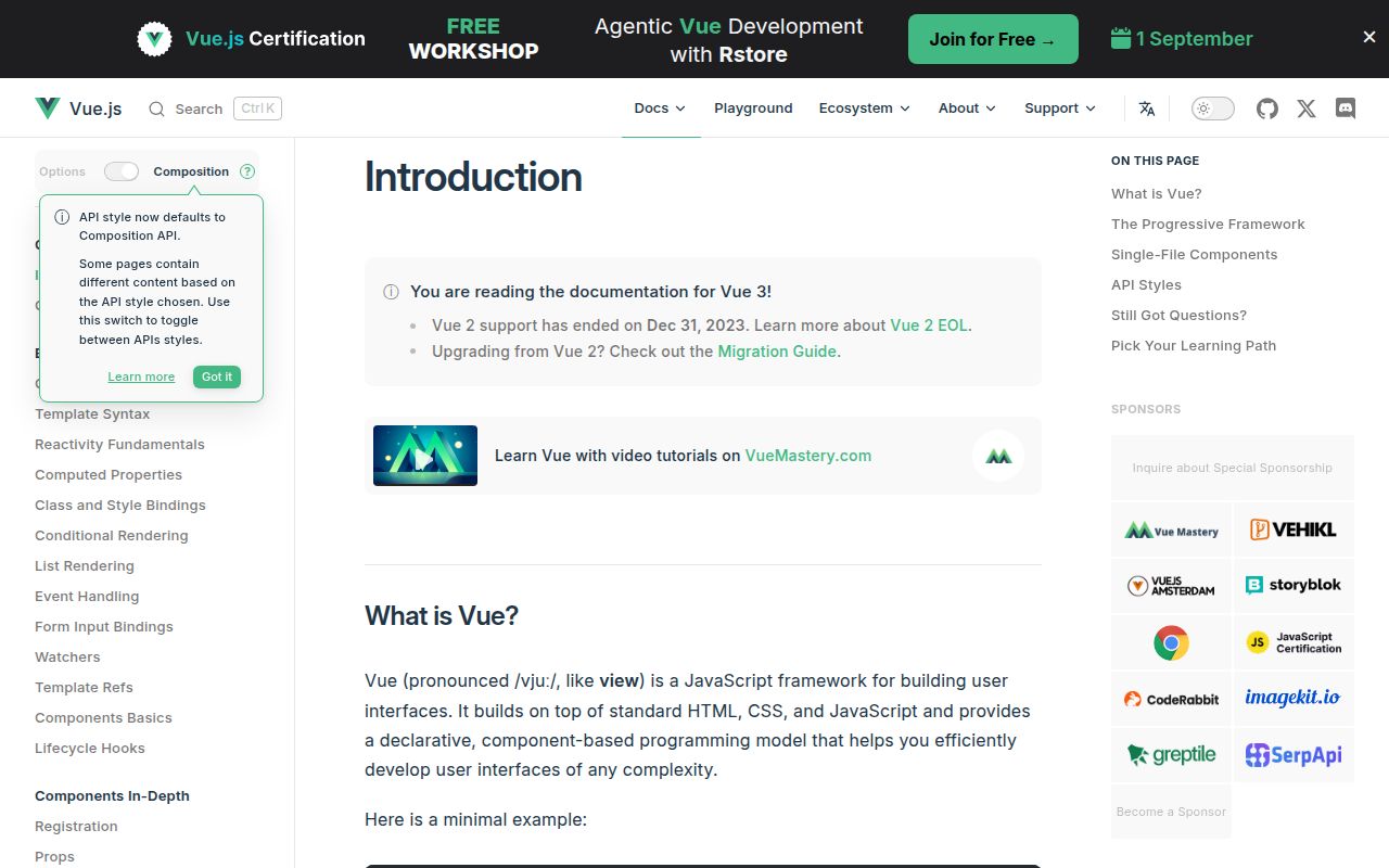 Screenshot of vue documentation