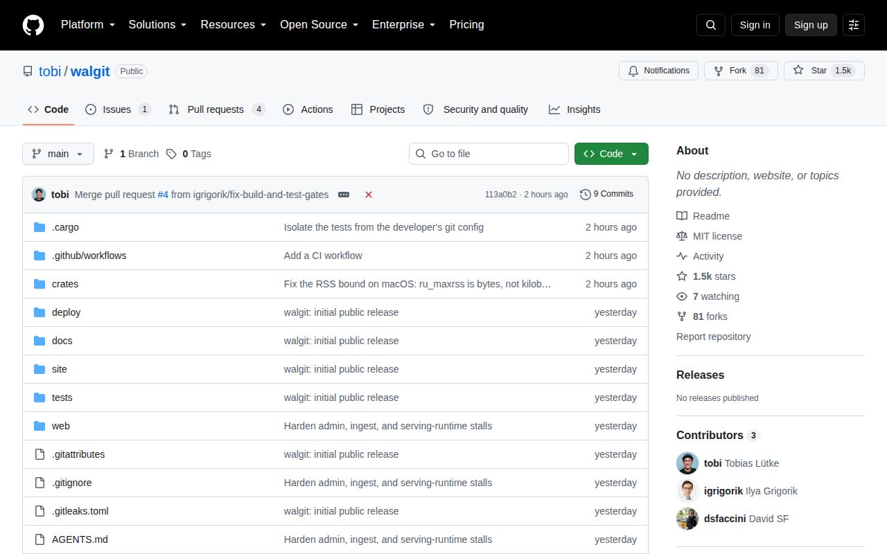 Screenshot of walgit (github.com/tobi/walgit)