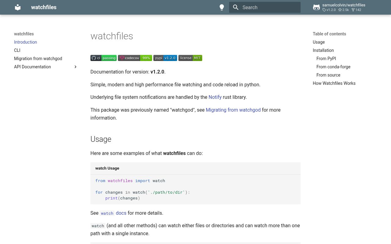 Screenshot of watchfiles documentation