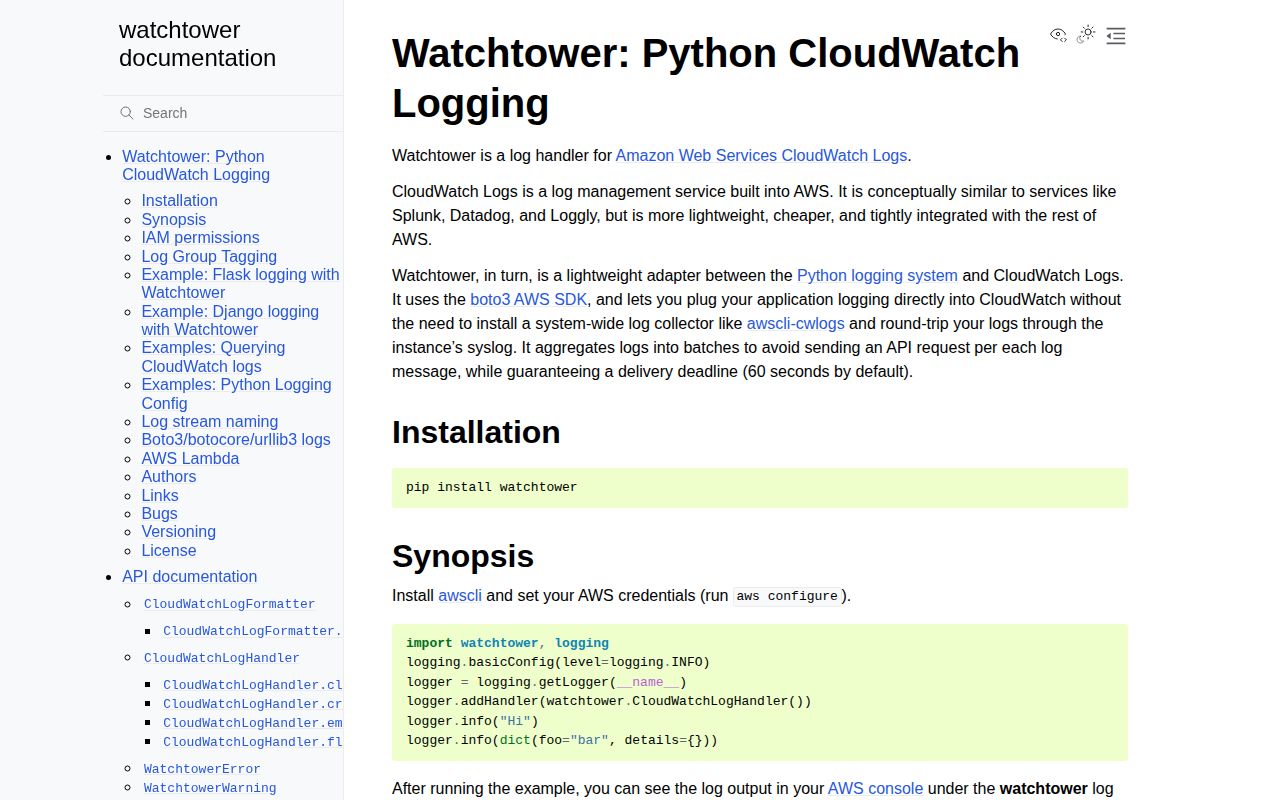 Screenshot of watchtower documentation