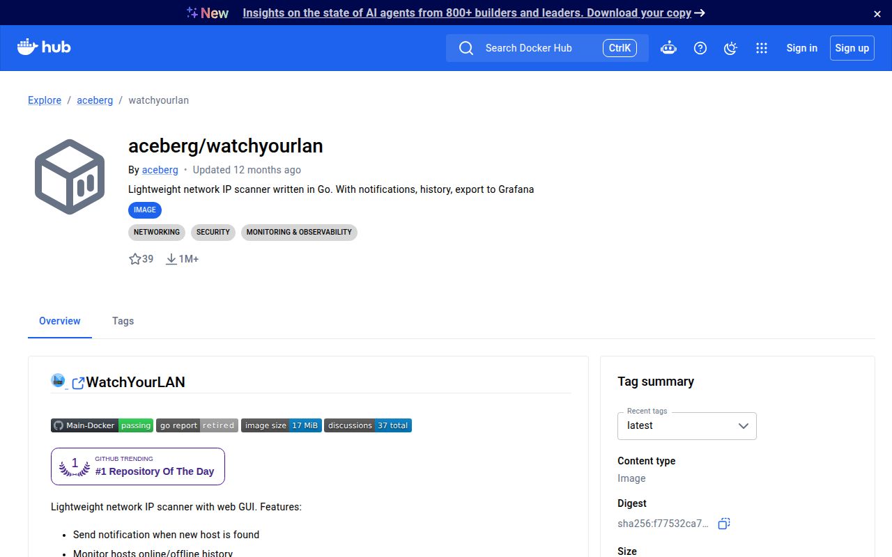Screenshot of WatchYourLAN (hub.docker.com/r/aceberg/watchyourlan)