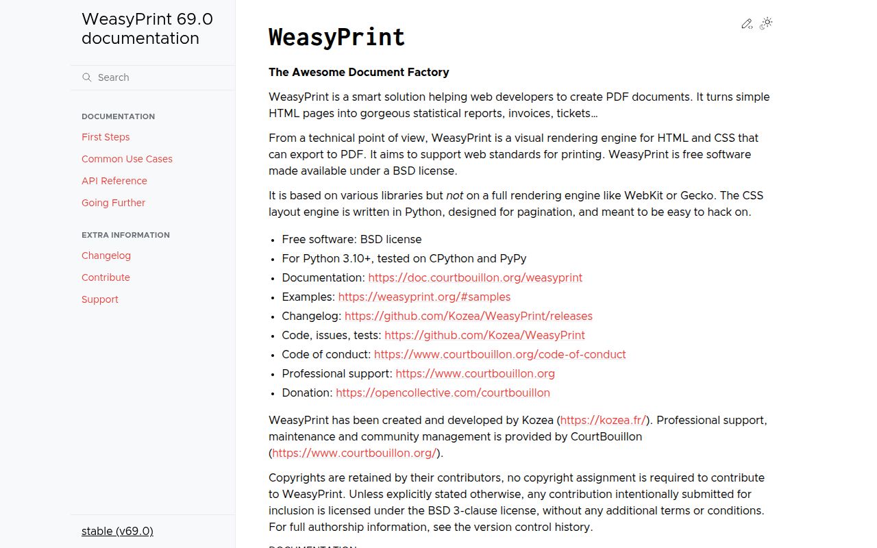 Screenshot of weasyprint documentation