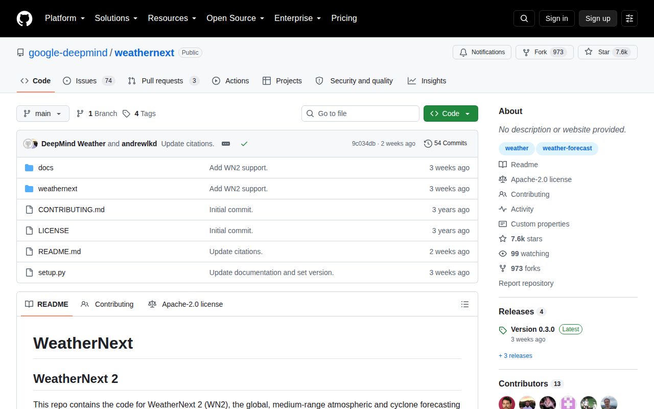 Screenshot of weathernext (github.com/google-deepmind/weathernext)