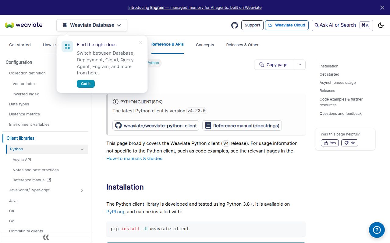 Screenshot of weaviate-client documentation