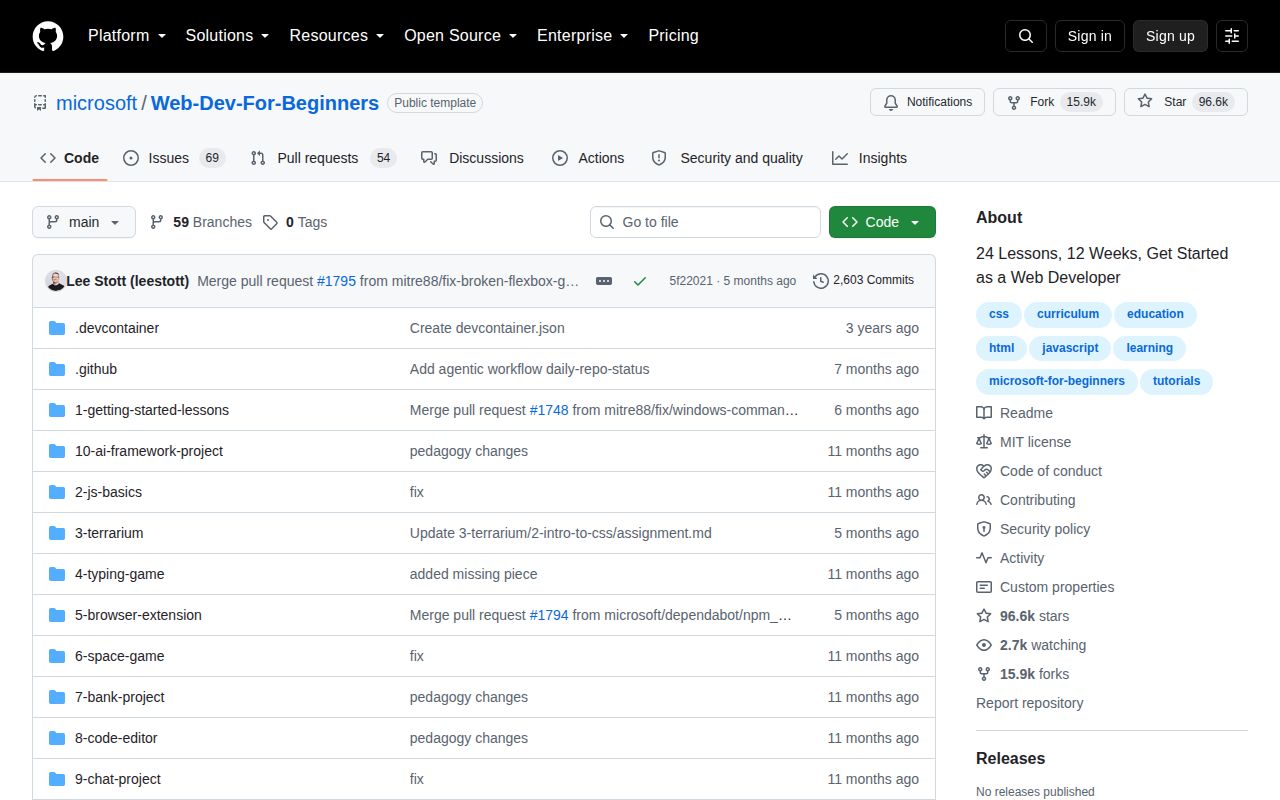 Screenshot of Web-Dev-For-Beginners (github.com/microsoft/Web-Dev-For-Beginners)