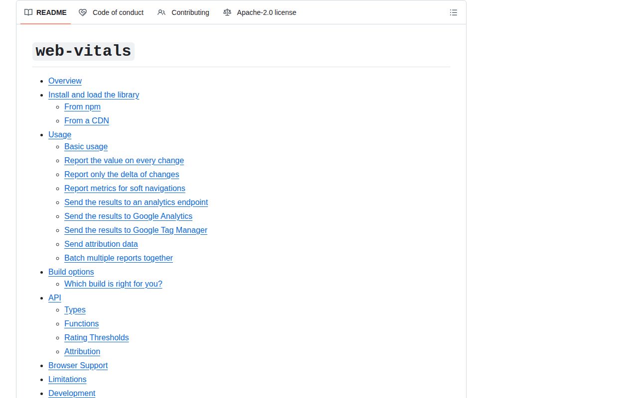 Screenshot of web-vitals documentation
