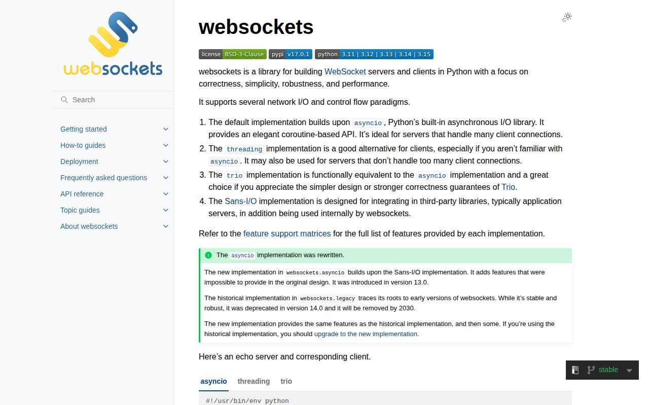 Screenshot of websockets documentation