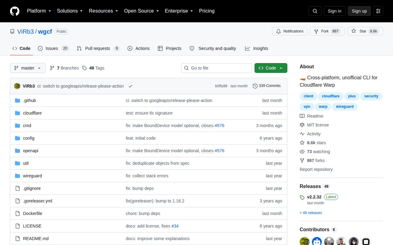 Screenshot of wgcf (github.com/ViRb3/wgcf)