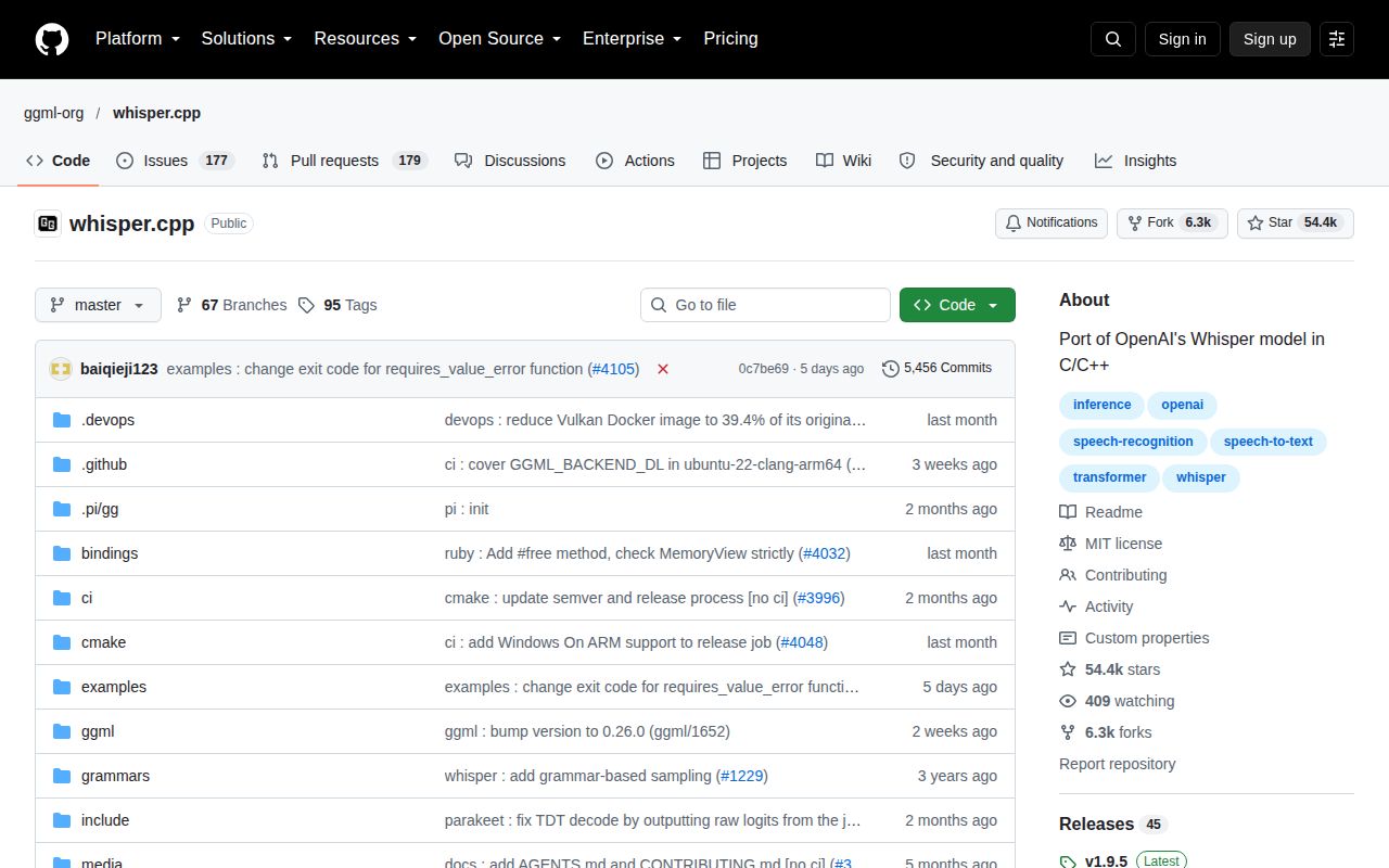 Screenshot of whisper.cpp (github.com/ggml-org/whisper.cpp)