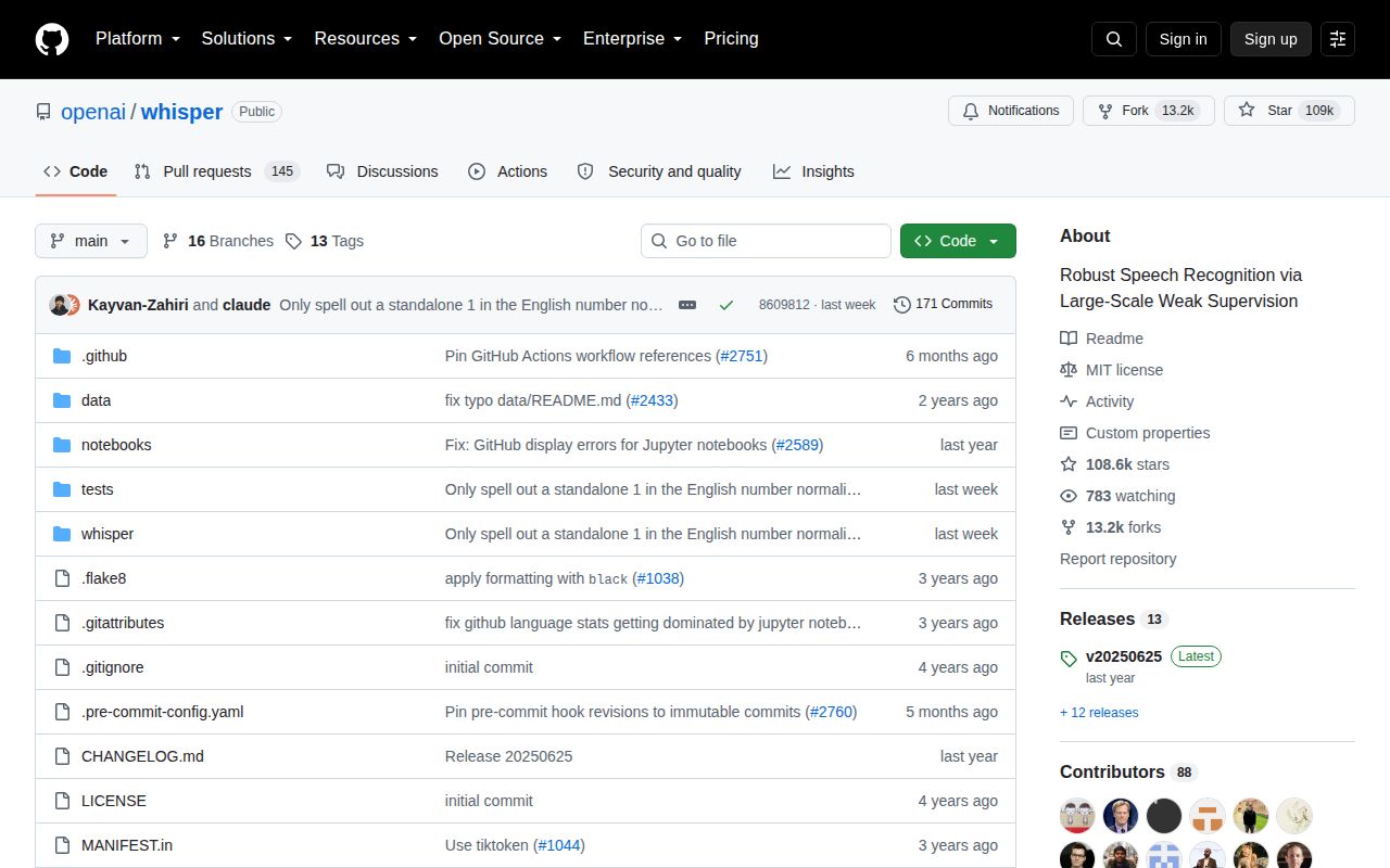 Screenshot of whisper (github.com/openai/whisper)