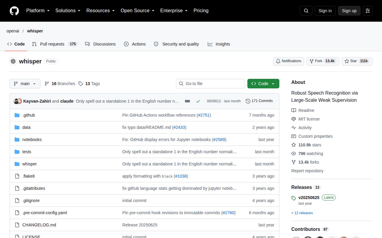 Screenshot of whisper (github.com/openai/whisper)
