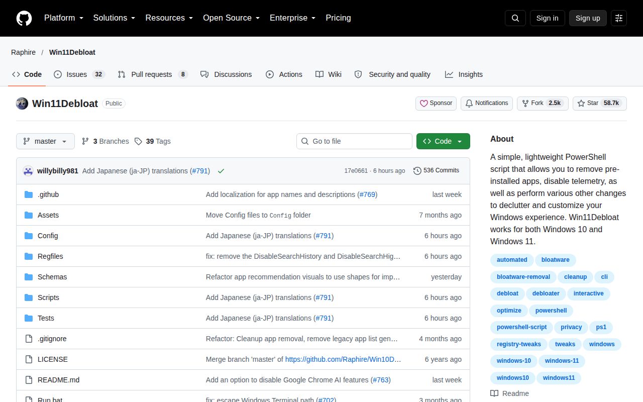 Screenshot of Win11Debloat (github.com/Raphire/Win11Debloat)