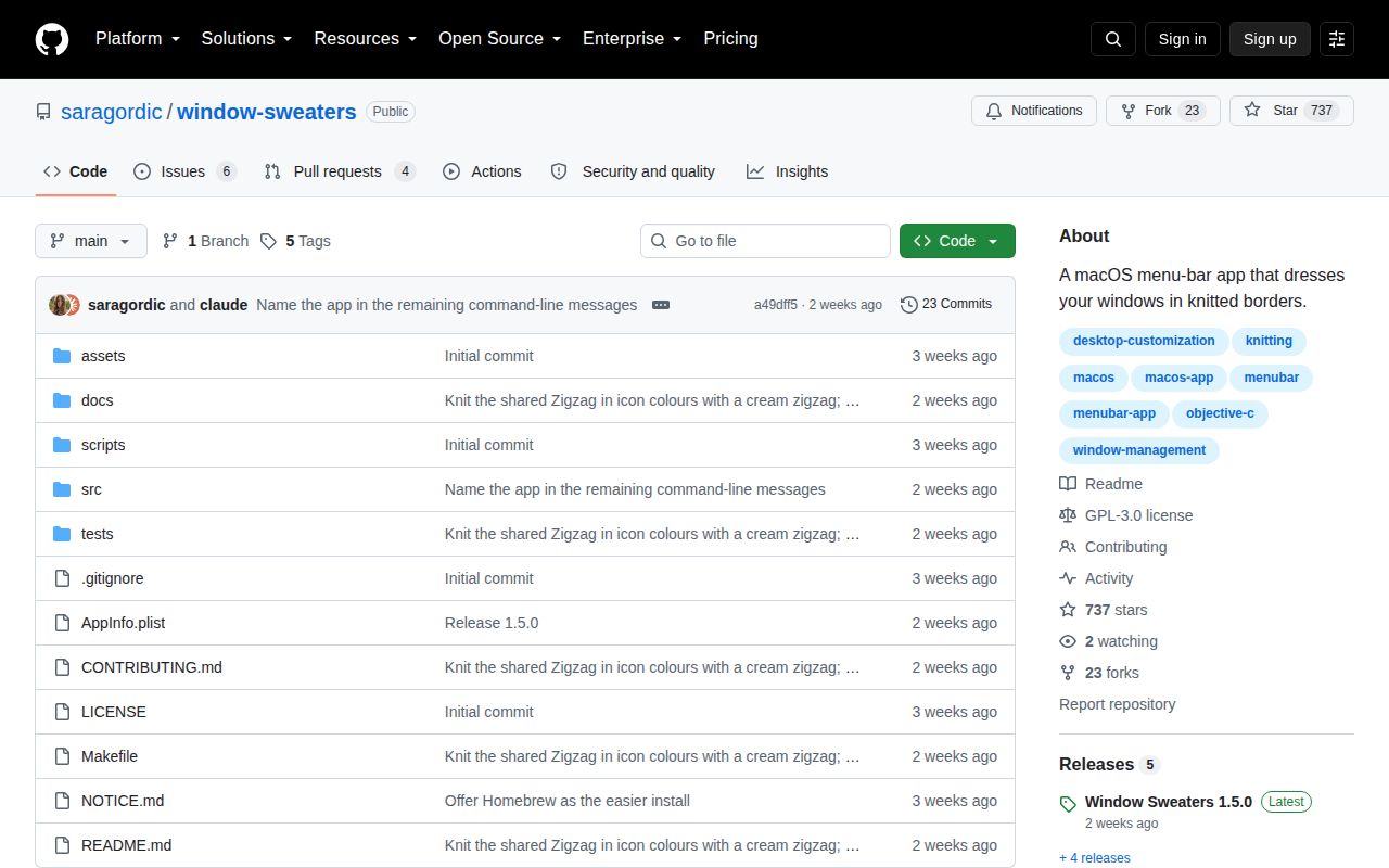 Screenshot of window-sweaters (github.com/saragordic/window-sweaters)