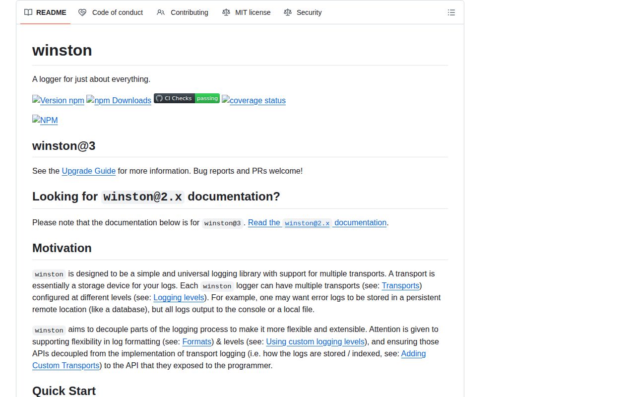 Screenshot of winston documentation