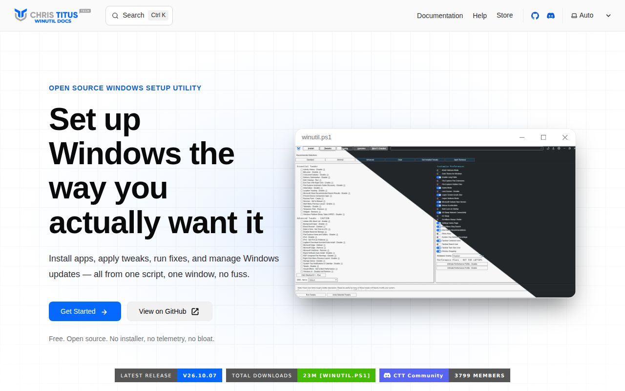 Screenshot of winutil (winutil.christitus.com)