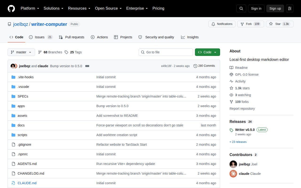 Screenshot of writer-computer (github.com/joelbqz/writer-computer)