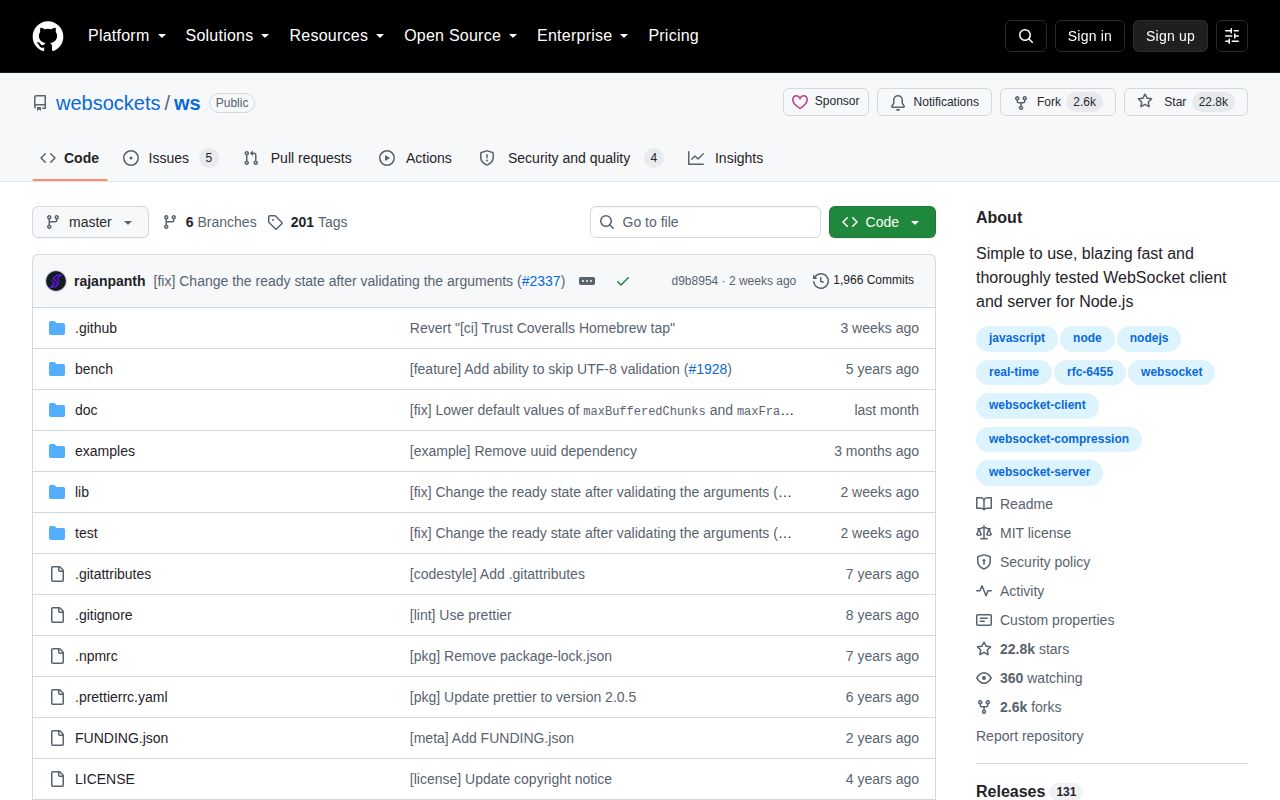 Screenshot of ws documentation