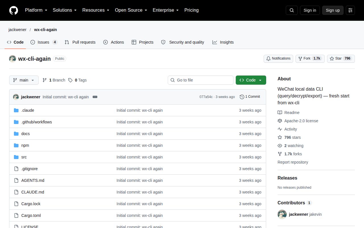 Screenshot of wx-cli-again (github.com/jackwener/wx-cli-again)