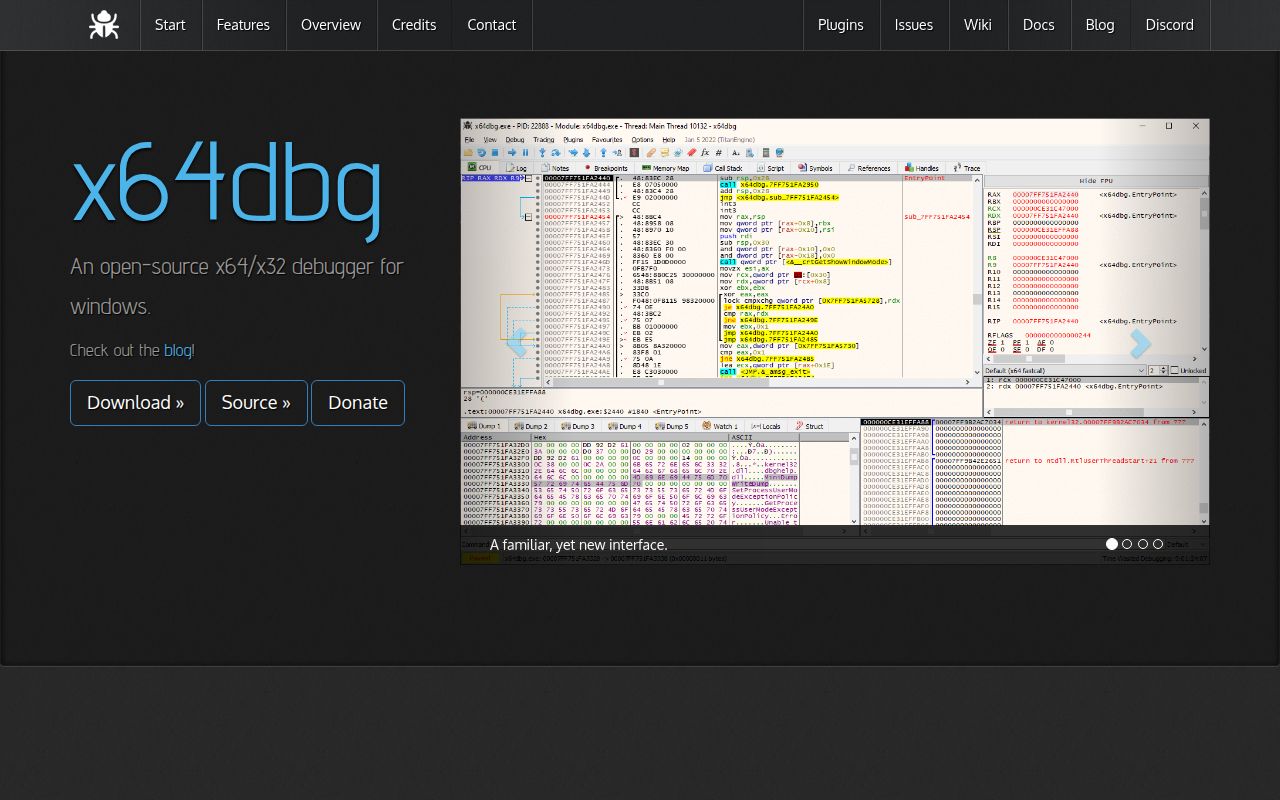 Screenshot of x64dbg (x64dbg.com)