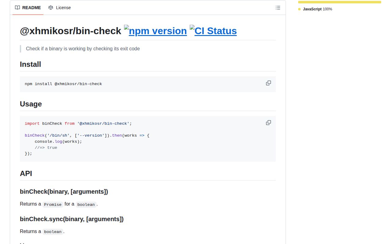 Screenshot of @xhmikosr/bin-check documentation