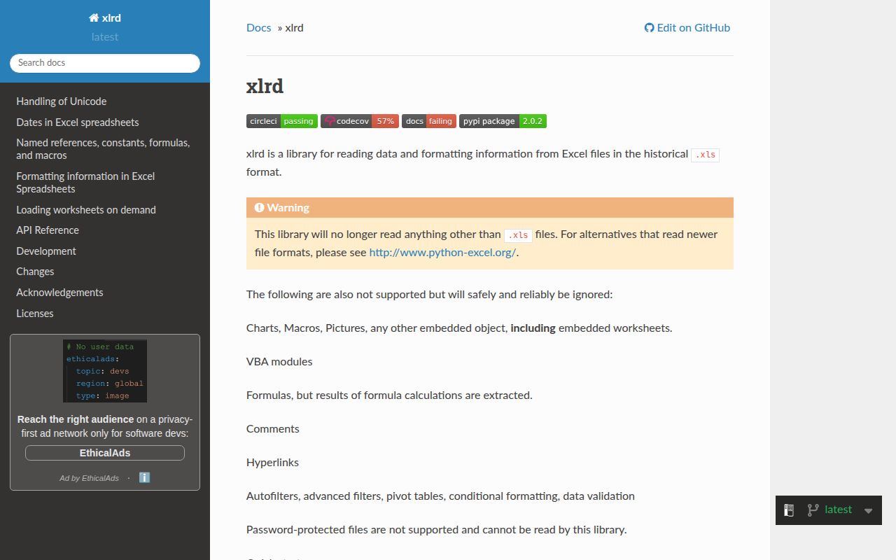 Screenshot of xlrd documentation