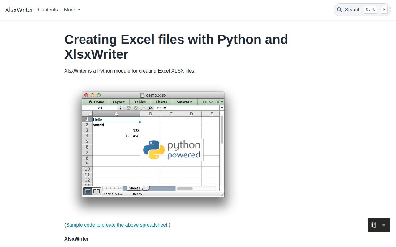 Screenshot of xlsxwriter documentation