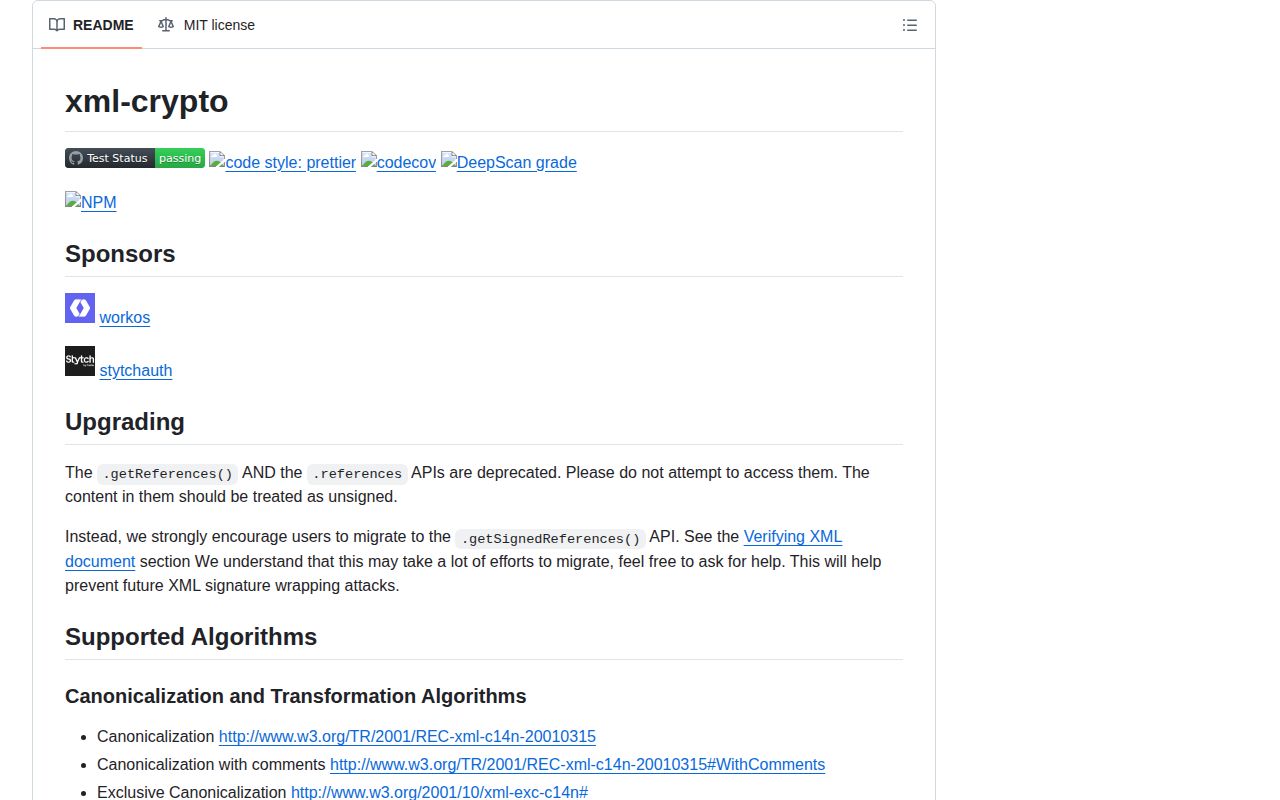 Screenshot of xml-crypto documentation